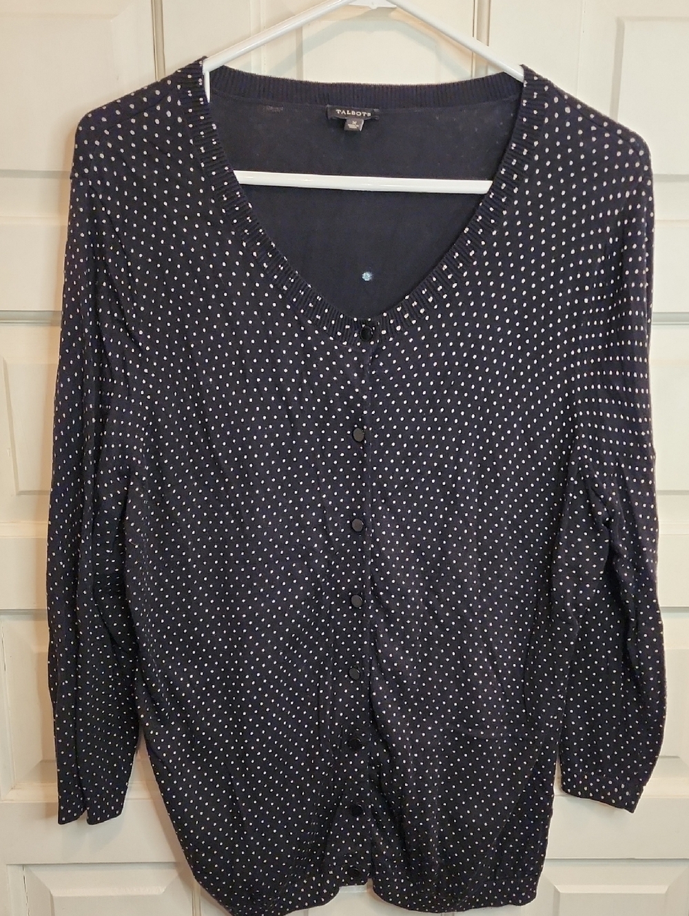 Talbots Polka Dot Black with White V-Neck Long Sleeve Button Cardigan